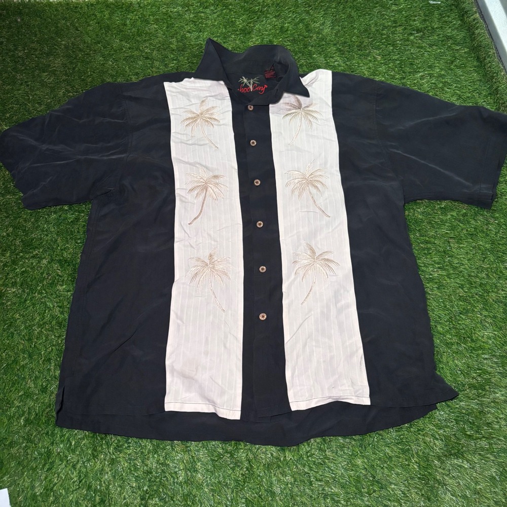 Bamboo Cay Mens XL Black Modal Palm Tree Embroidered Bowling Camp Shirt S/S